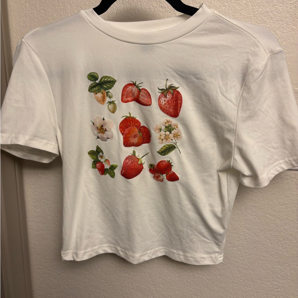 SHEIN White Tee with Strawberry and Floral Design